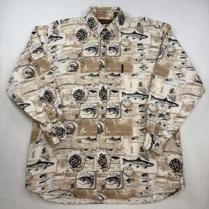 VTG Mens North River Outfitters Button Up Shirt Long Sleeve Fish Bass Size XL